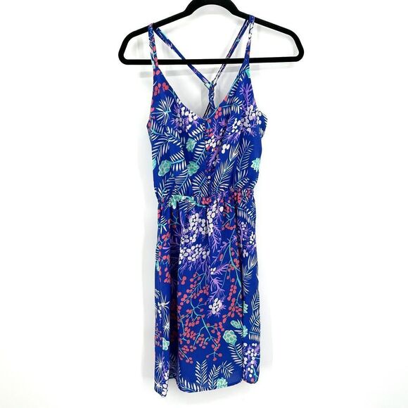 YUMI KIM Blue Purple Floral Print Lightweight Crossback Summer Mini Dress Medium - Picture 1 of 7